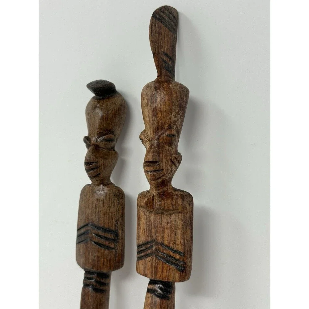 5pc Wood Serving Set 12in Bowl Spoon Fork Carved Giraffe Handles African
